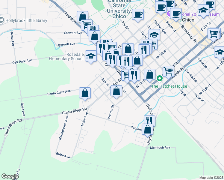 map of restaurants, bars, coffee shops, grocery stores, and more near 546 Hickory Street in Chico