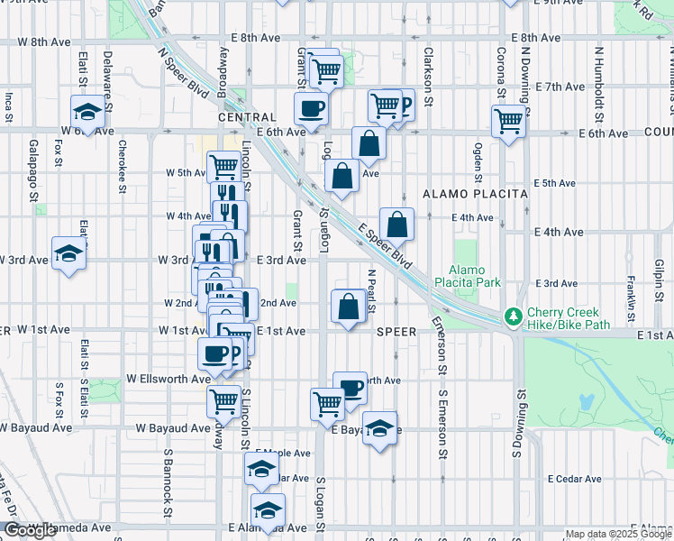 map of restaurants, bars, coffee shops, grocery stores, and more near 400 East 3rd Avenue in Denver