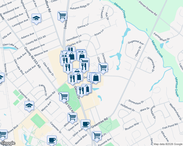 map of restaurants, bars, coffee shops, grocery stores, and more near 74 Yellowwood Court in Glassboro