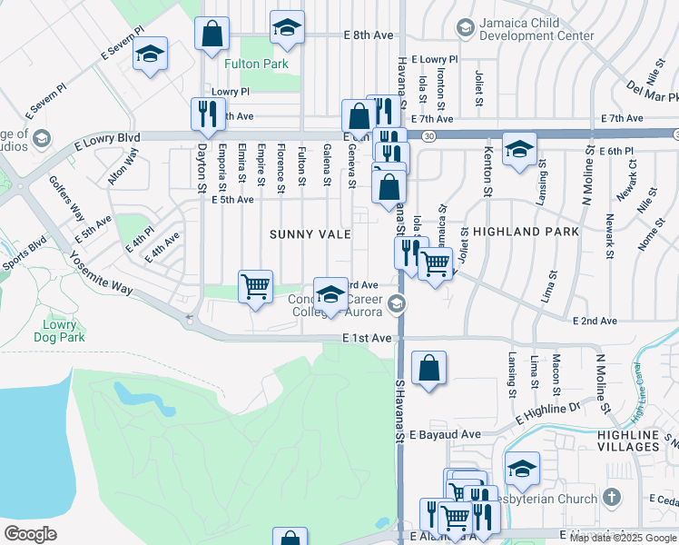 map of restaurants, bars, coffee shops, grocery stores, and more near 301 Galena Street in Aurora