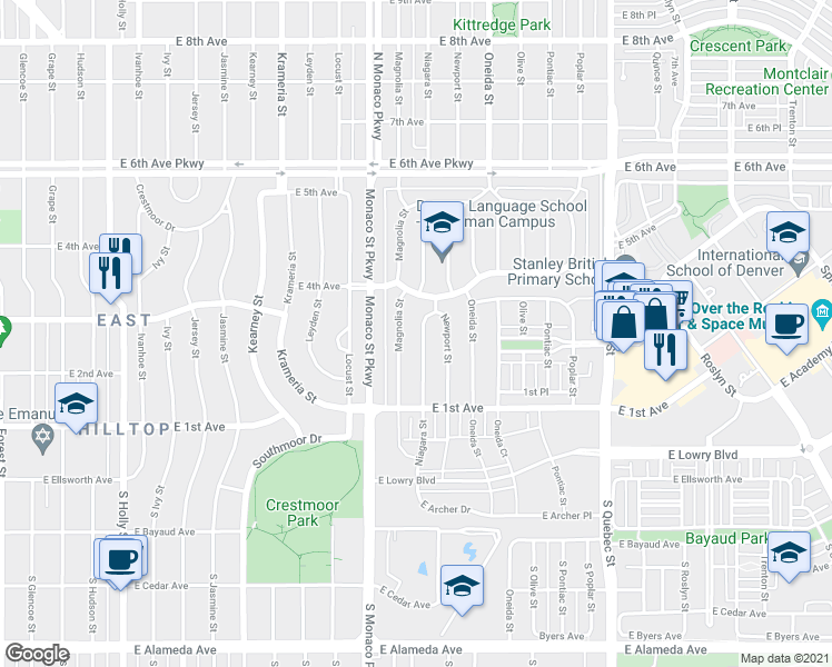 map of restaurants, bars, coffee shops, grocery stores, and more near 190 Magnolia Street in Denver