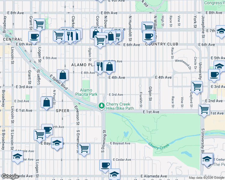 map of restaurants, bars, coffee shops, grocery stores, and more near 180 North Marion Street in Denver