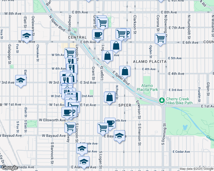 map of restaurants, bars, coffee shops, grocery stores, and more near 229 Pennsylvania Street in Denver