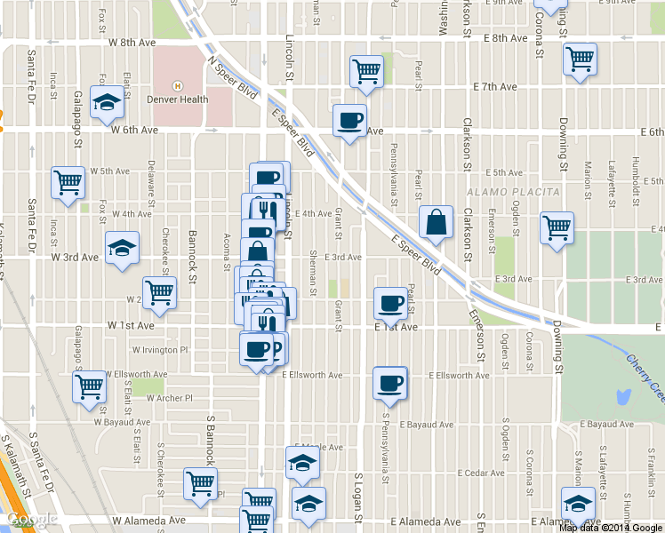 map of restaurants, bars, coffee shops, grocery stores, and more near 200 Grant Street in Denver
