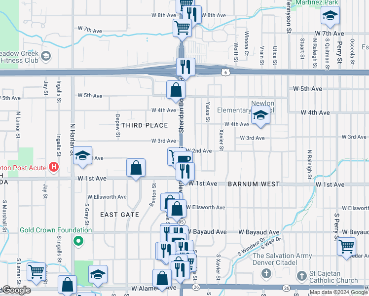 map of restaurants, bars, coffee shops, grocery stores, and more near 180 Sheridan Boulevard in Denver