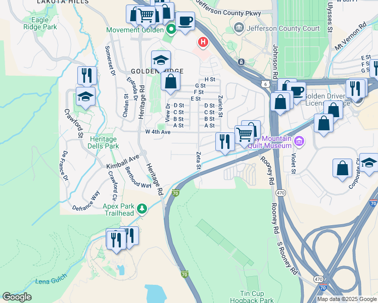 map of restaurants, bars, coffee shops, grocery stores, and more near 18206 West 3rd Avenue in Golden