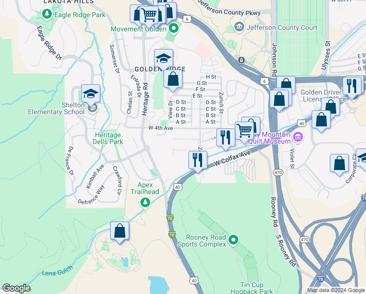 map of restaurants, bars, coffee shops, grocery stores, and more near 18236 West 3rd Avenue in Golden