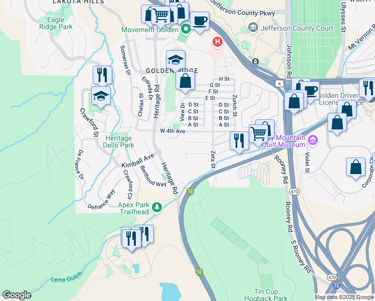 map of restaurants, bars, coffee shops, grocery stores, and more near 18236 West 3rd Avenue in Golden