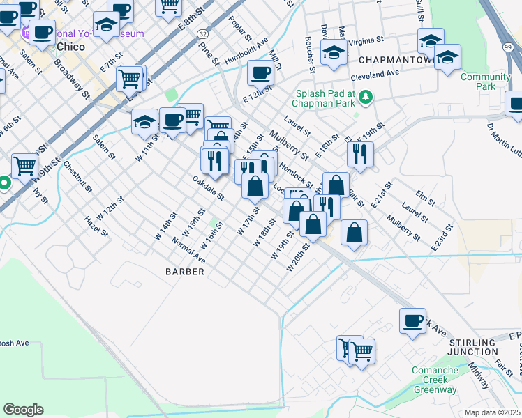 map of restaurants, bars, coffee shops, grocery stores, and more near 1642 Oakdale Street in Chico