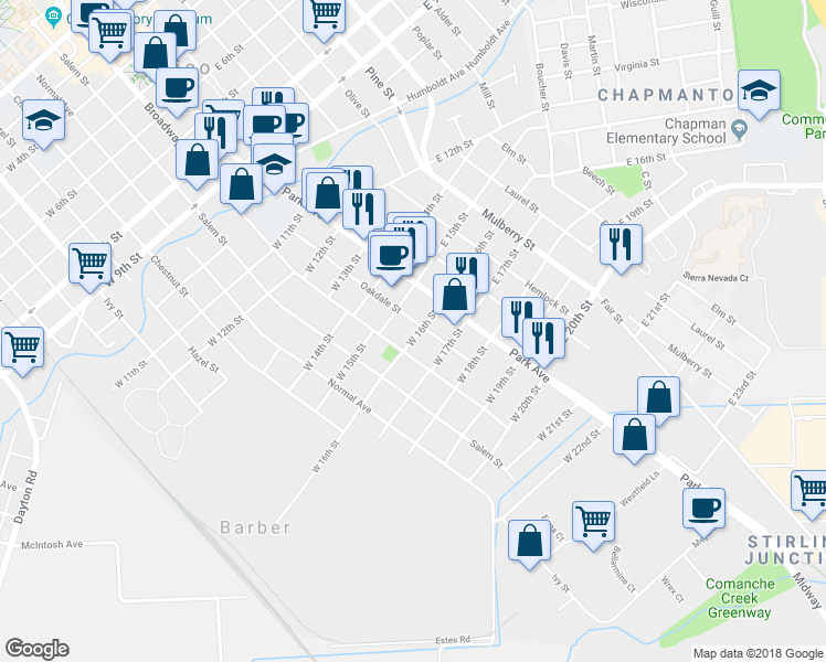 map of restaurants, bars, coffee shops, grocery stores, and more near 135 West 16th Street in Chico