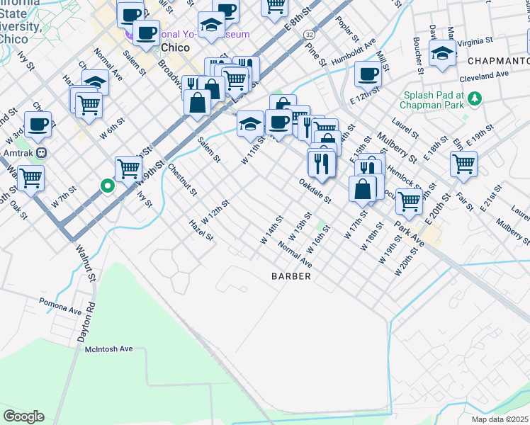 map of restaurants, bars, coffee shops, grocery stores, and more near 1323 Normal Avenue in Chico