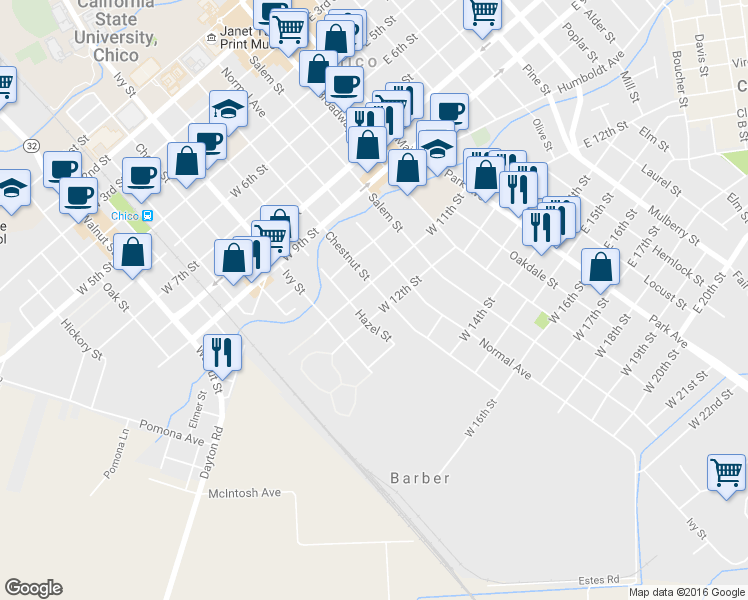 map of restaurants, bars, coffee shops, grocery stores, and more near 535 West 12th Street in Chico