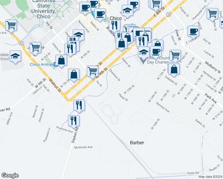 map of restaurants, bars, coffee shops, grocery stores, and more near 1120 Hazel Street in Chico