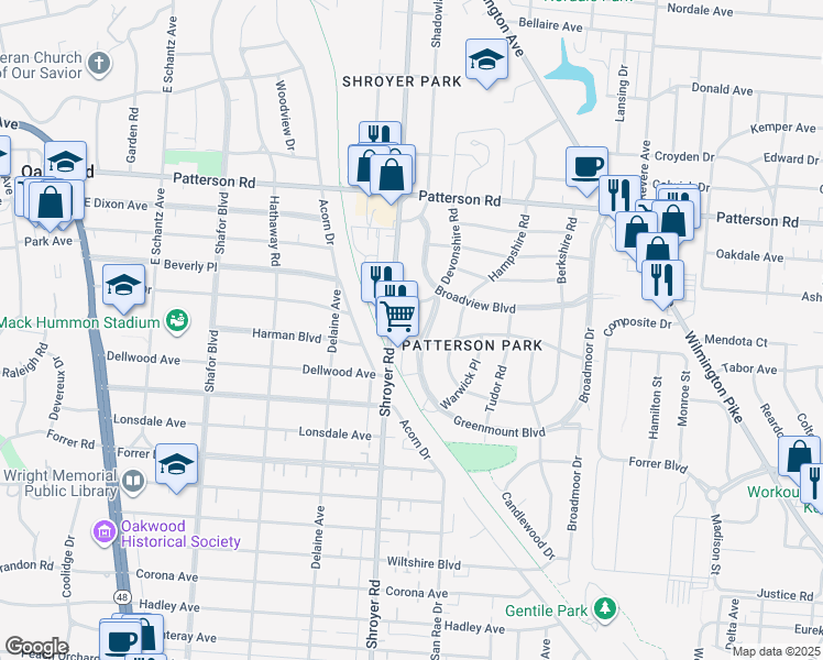map of restaurants, bars, coffee shops, grocery stores, and more near 614 Gainsborough Road in Dayton