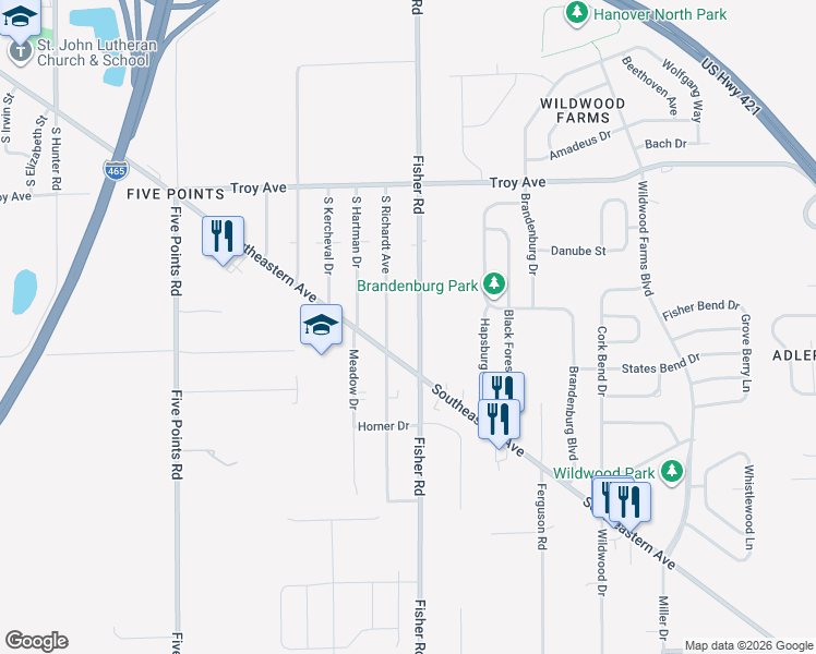 map of restaurants, bars, coffee shops, grocery stores, and more near 3316 Fisher Road in Indianapolis
