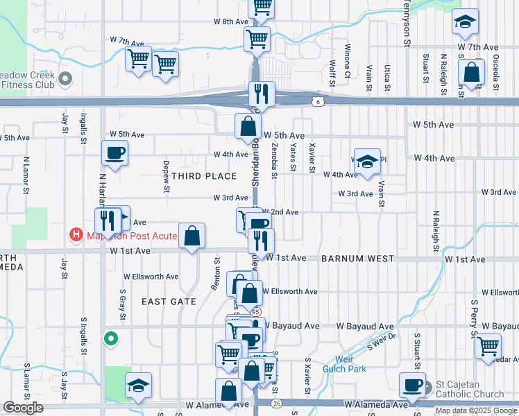 map of restaurants, bars, coffee shops, grocery stores, and more near 180 Sheridan Boulevard in Denver