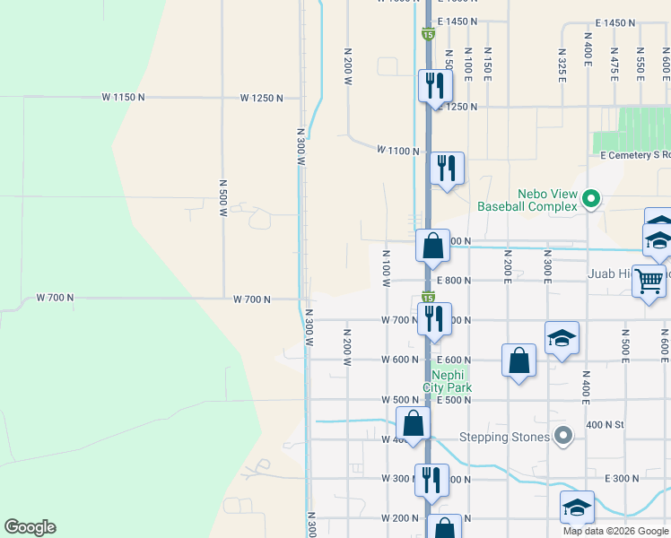 map of restaurants, bars, coffee shops, grocery stores, and more near 232 West 815 North in Nephi