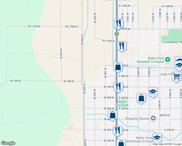 map of restaurants, bars, coffee shops, grocery stores, and more near North 50 East in Nephi