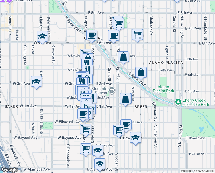 map of restaurants, bars, coffee shops, grocery stores, and more near 200 Grant Street in Denver