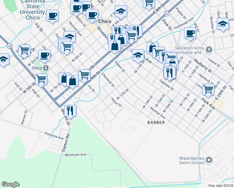 map of restaurants, bars, coffee shops, grocery stores, and more near 1130 Chestnut Street in Chico