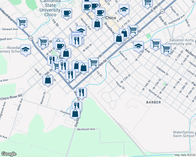 map of restaurants, bars, coffee shops, grocery stores, and more near 727 West 10th Street in Chico