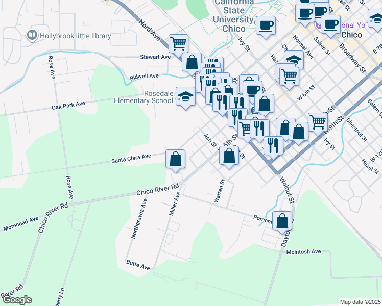 map of restaurants, bars, coffee shops, grocery stores, and more near 1430 West 4th Street in Chico