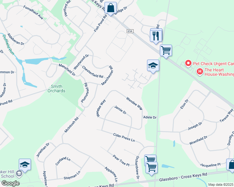 map of restaurants, bars, coffee shops, grocery stores, and more near 27 Wendee Way in Washington Township