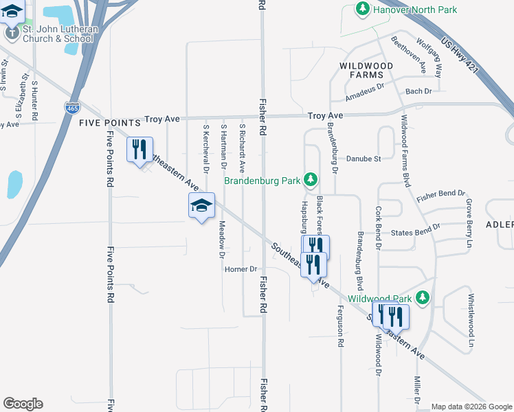 map of restaurants, bars, coffee shops, grocery stores, and more near 3316 Fisher Road in Indianapolis
