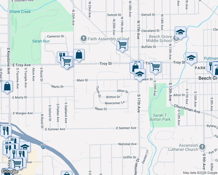 map of restaurants, bars, coffee shops, grocery stores, and more near 2061 Alton Street in Beech Grove