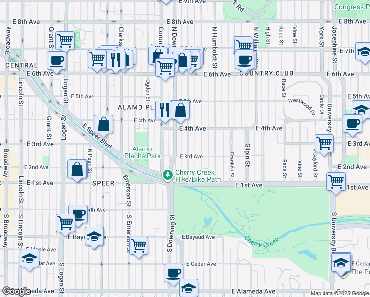 map of restaurants, bars, coffee shops, grocery stores, and more near 180 North Marion Street in Denver