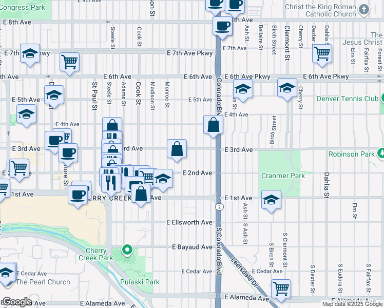 map of restaurants, bars, coffee shops, grocery stores, and more near 243 Jackson Street in Denver