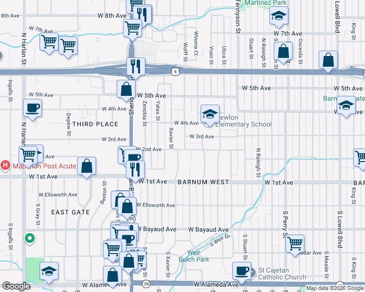 map of restaurants, bars, coffee shops, grocery stores, and more near 189 Xavier Street in Denver