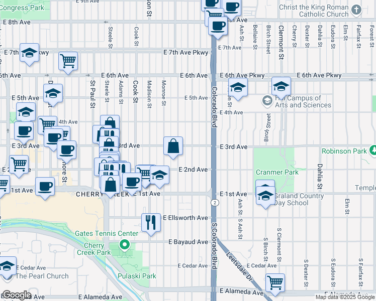 map of restaurants, bars, coffee shops, grocery stores, and more near 285 Jackson Street in Denver