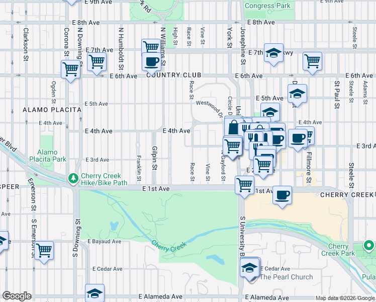map of restaurants, bars, coffee shops, grocery stores, and more near 181 Race Street in Denver