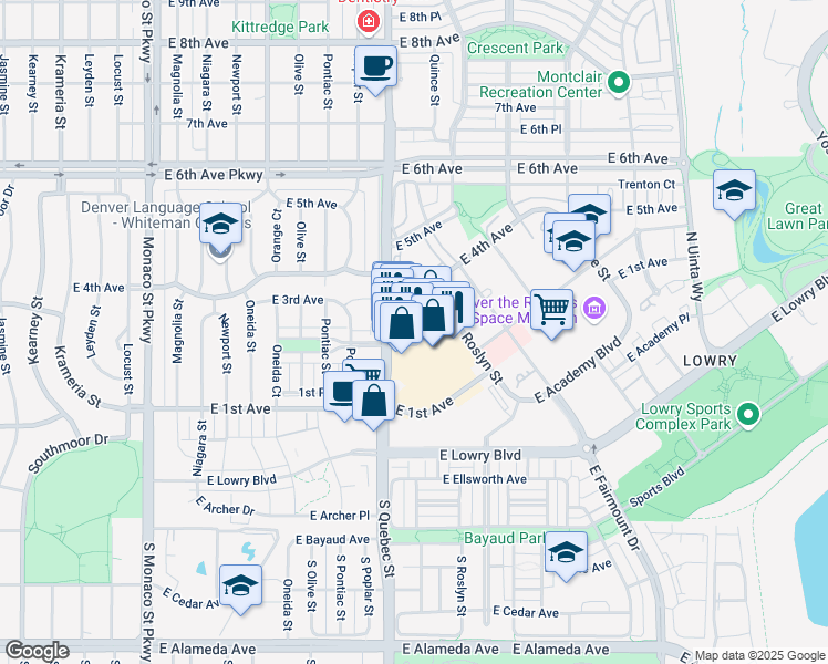 map of restaurants, bars, coffee shops, grocery stores, and more near Chapel Court in Denver