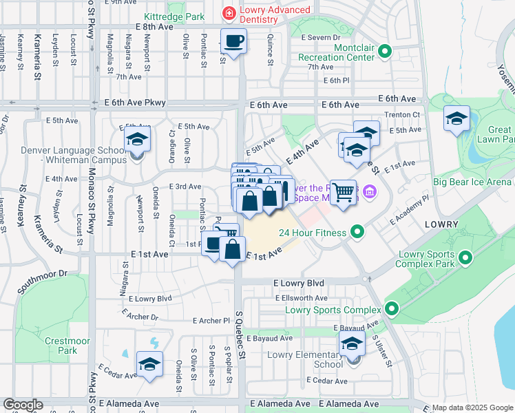 map of restaurants, bars, coffee shops, grocery stores, and more near Chapel Court in Denver