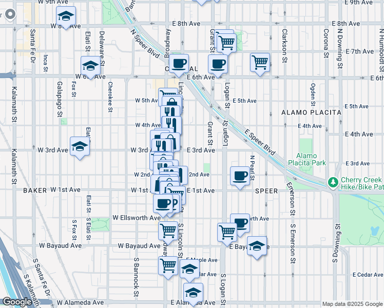 map of restaurants, bars, coffee shops, grocery stores, and more near 231 Sherman Street in Denver