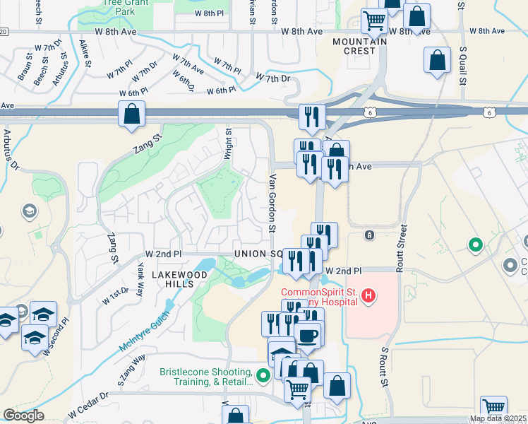 map of restaurants, bars, coffee shops, grocery stores, and more near 283 Van Gordon Street in Lakewood