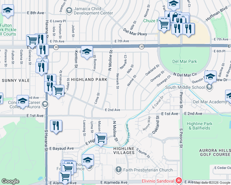 map of restaurants, bars, coffee shops, grocery stores, and more near 312 Newark Street in Aurora