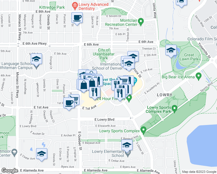 map of restaurants, bars, coffee shops, grocery stores, and more near 7505 East 1st Avenue in Denver