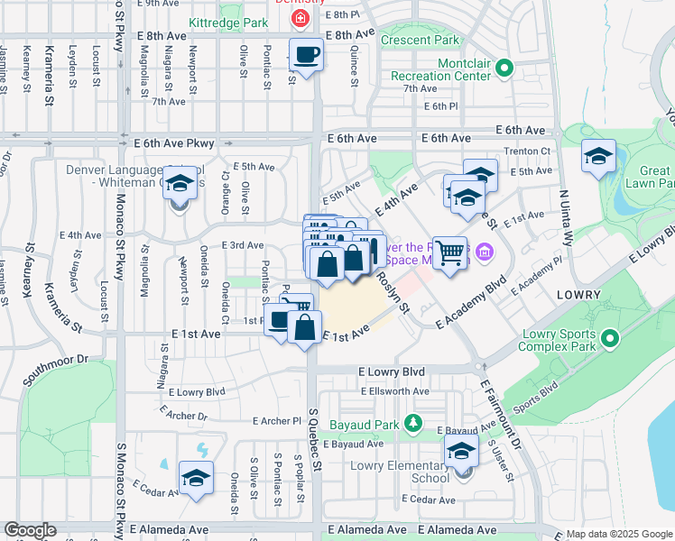 map of restaurants, bars, coffee shops, grocery stores, and more near 17 East 2nd Avenue in Denver