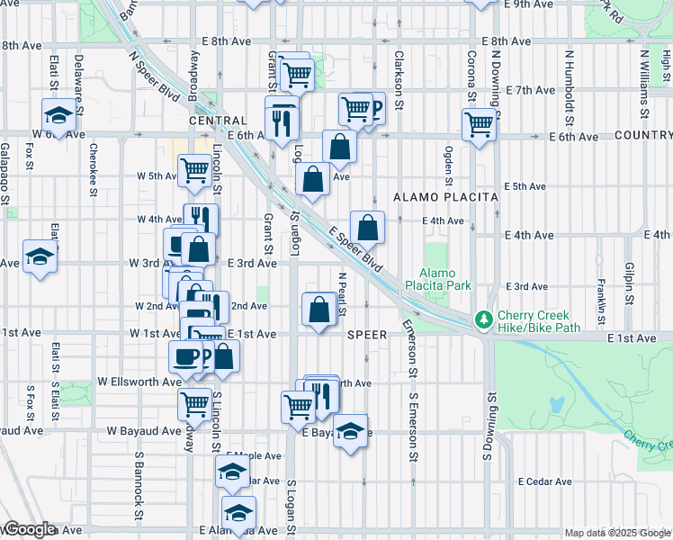 map of restaurants, bars, coffee shops, grocery stores, and more near 239 Pearl Street in Denver
