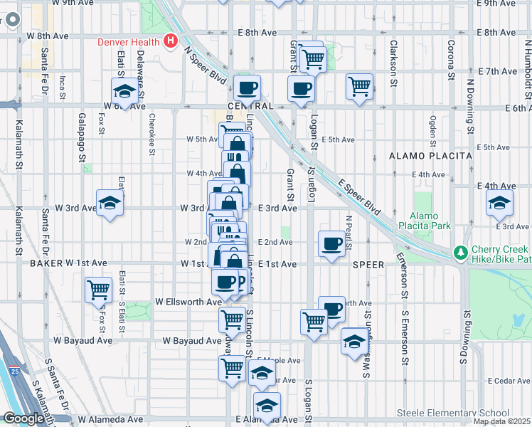 map of restaurants, bars, coffee shops, grocery stores, and more near 231 Sherman Street in Denver