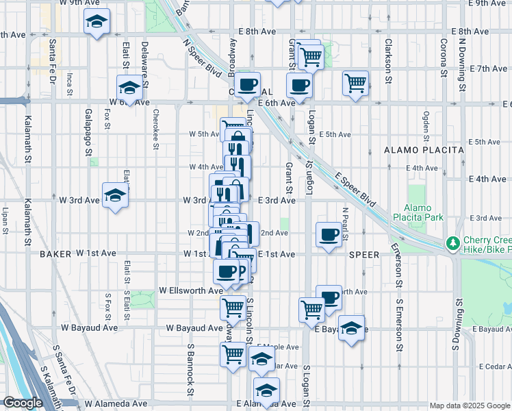 map of restaurants, bars, coffee shops, grocery stores, and more near 235 Lincoln Street in Denver