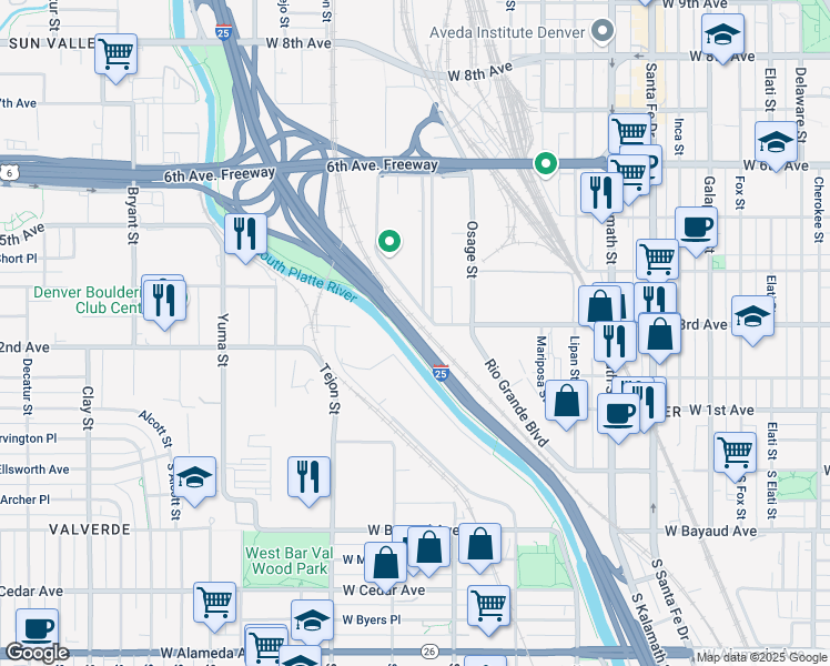 map of restaurants, bars, coffee shops, grocery stores, and more near 1801 West 3rd Avenue in Denver