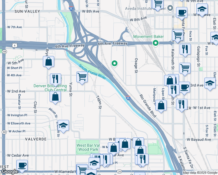 map of restaurants, bars, coffee shops, grocery stores, and more near 1800 West 3rd Avenue in Denver