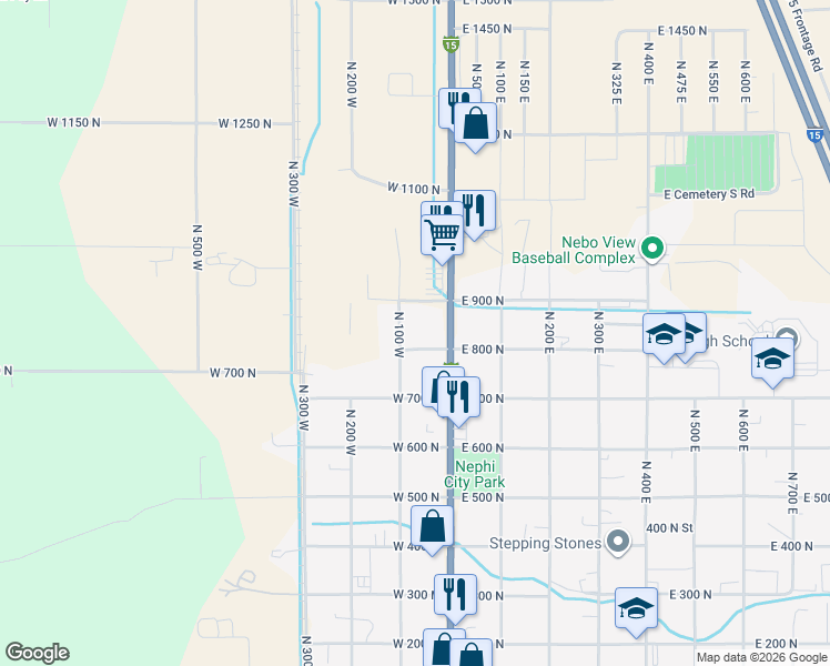 map of restaurants, bars, coffee shops, grocery stores, and more near 793 North Main Street in Nephi