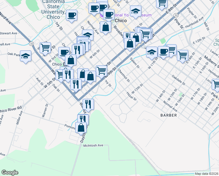 map of restaurants, bars, coffee shops, grocery stores, and more near 1020 Ivy Street in Chico