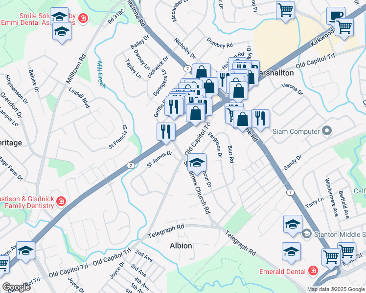 map of restaurants, bars, coffee shops, grocery stores, and more near 4818 Old Capitol Trail in Wilmington