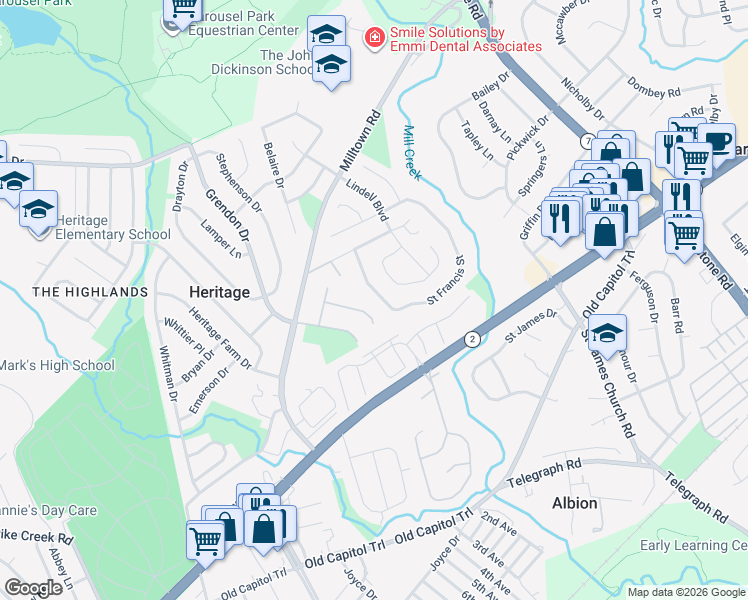 map of restaurants, bars, coffee shops, grocery stores, and more near 2501 Lindell Road in Wilmington